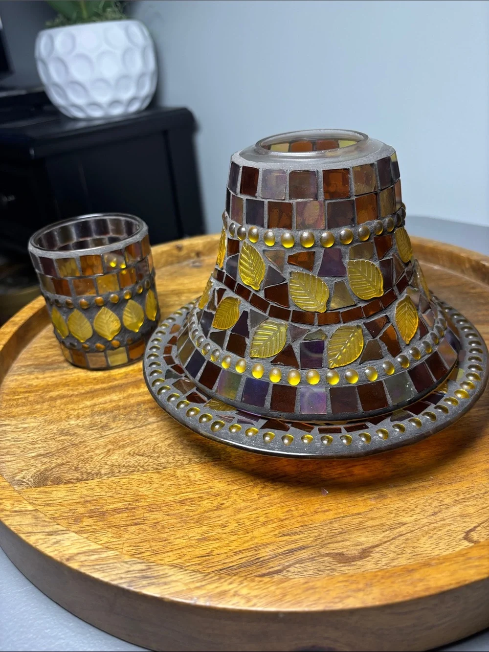 Yankee Candle Mosaic Leaves Glass Leaf Accent Set Topper Jar Plate Amber Purple
